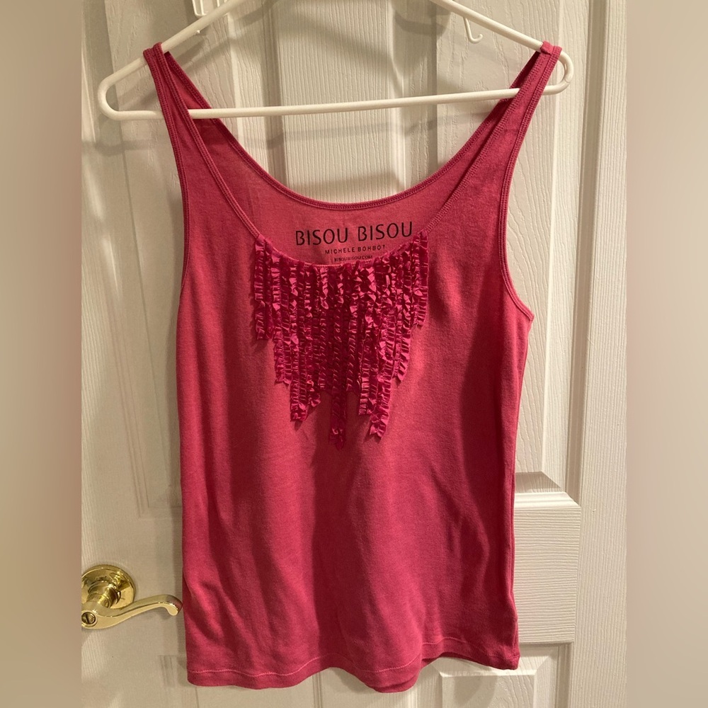 Bisou bisou tee w ruffles.  Hot pink. Cotton tank. Excellent.  Large